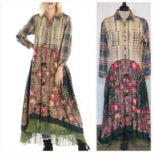 Aratta Silent Journey Women's Maxi Dress Small Green Plaid Floral Mixed Media